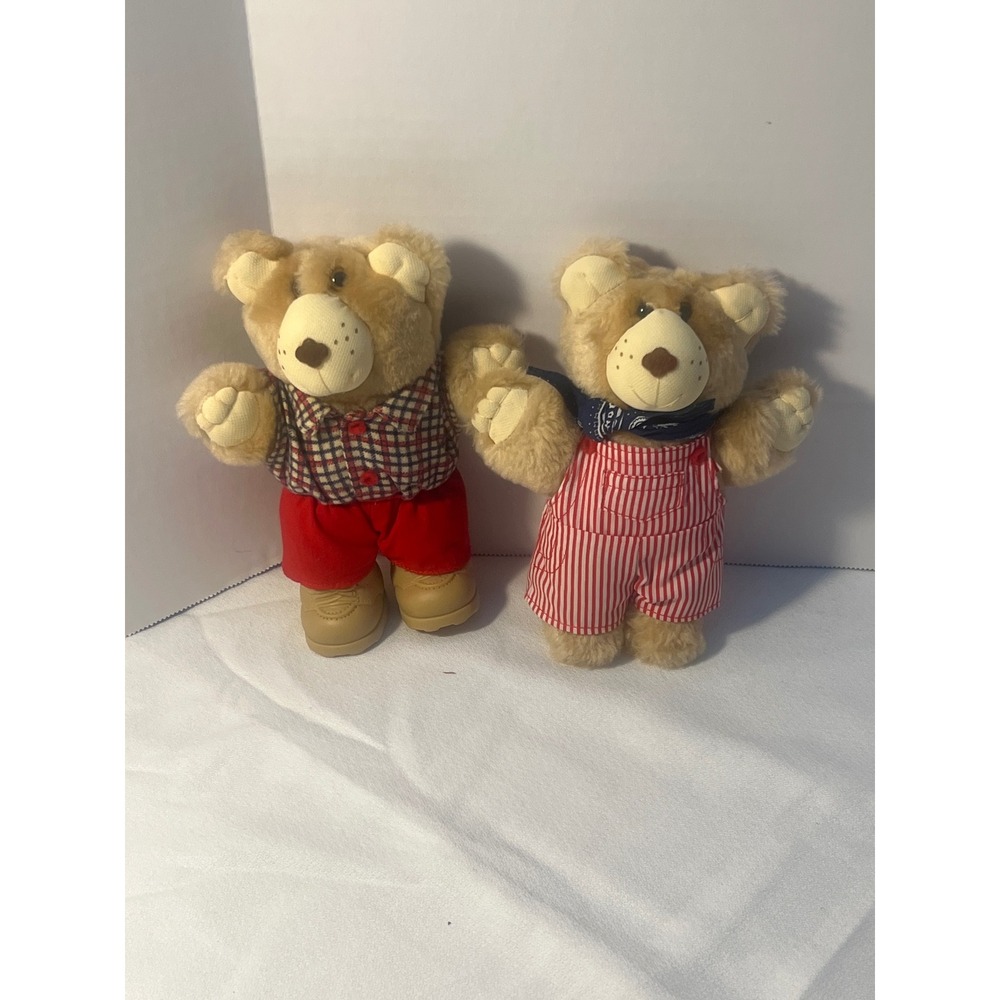 Two Furskins Teddy Bears Plaid Overalls Bandana‎ Collectible Plush